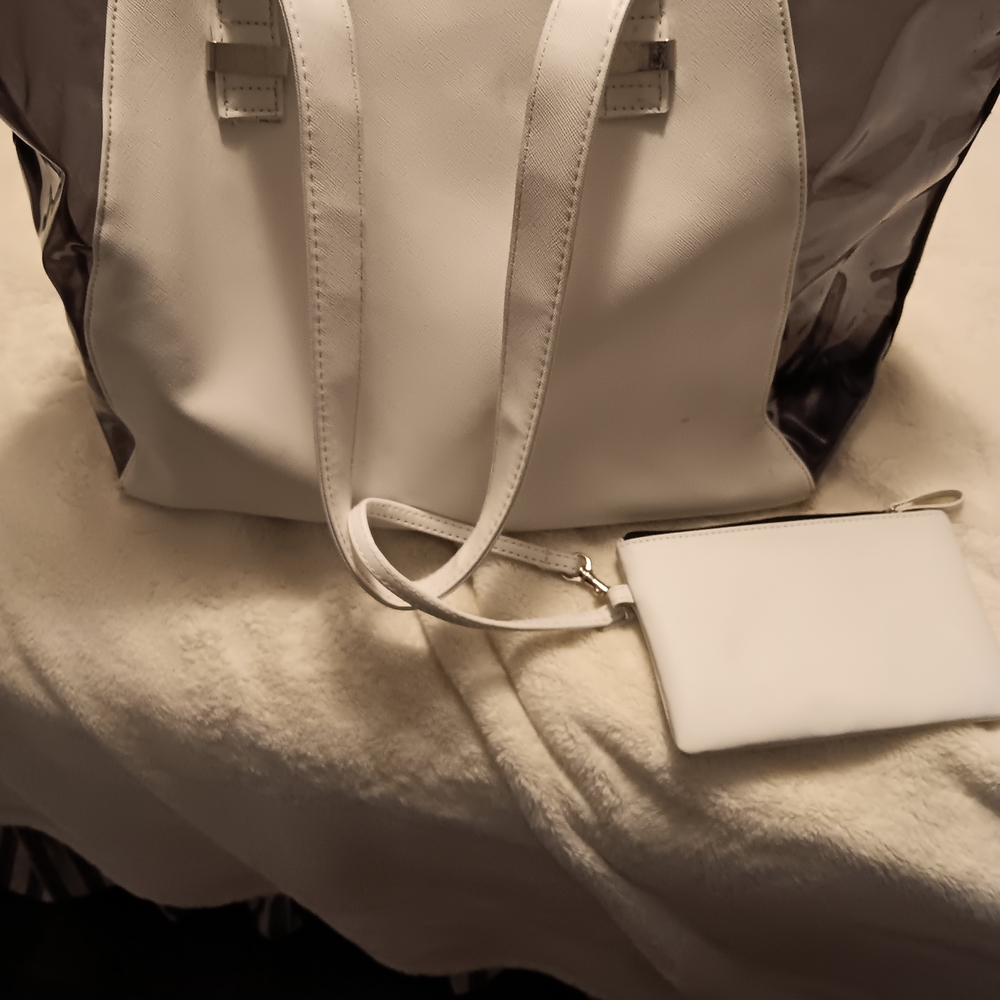 Elegant White And Clear /Grey Tote Bag with Black Dots Inside And Extra Pouch